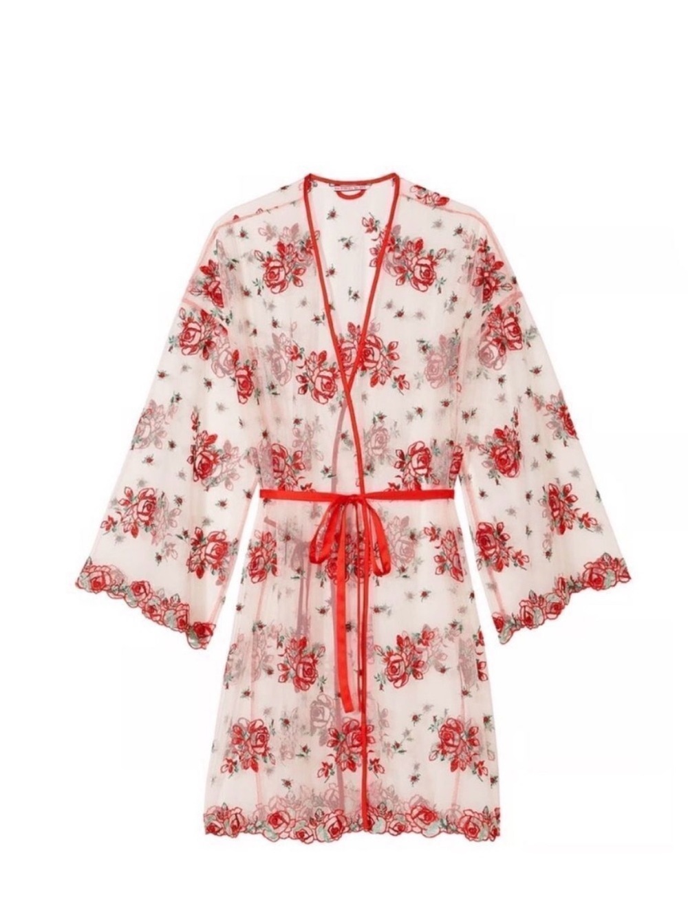 NWT Victoria’s Secret Floral Embroidered Sheer Mesh Kimono Robe XL/XXL Red Rose